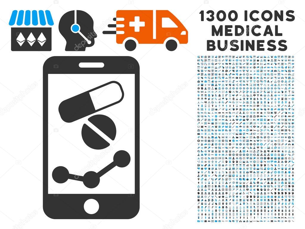 Mobile Drugstore Chart Icon with 1300 Medical Business Icons