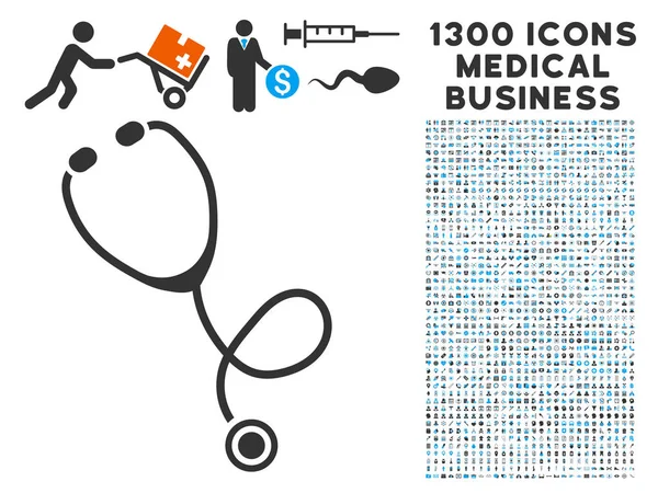 Stethoskop-Ikone mit 1300 medizinischen Business-Ikonen — Stockvektor