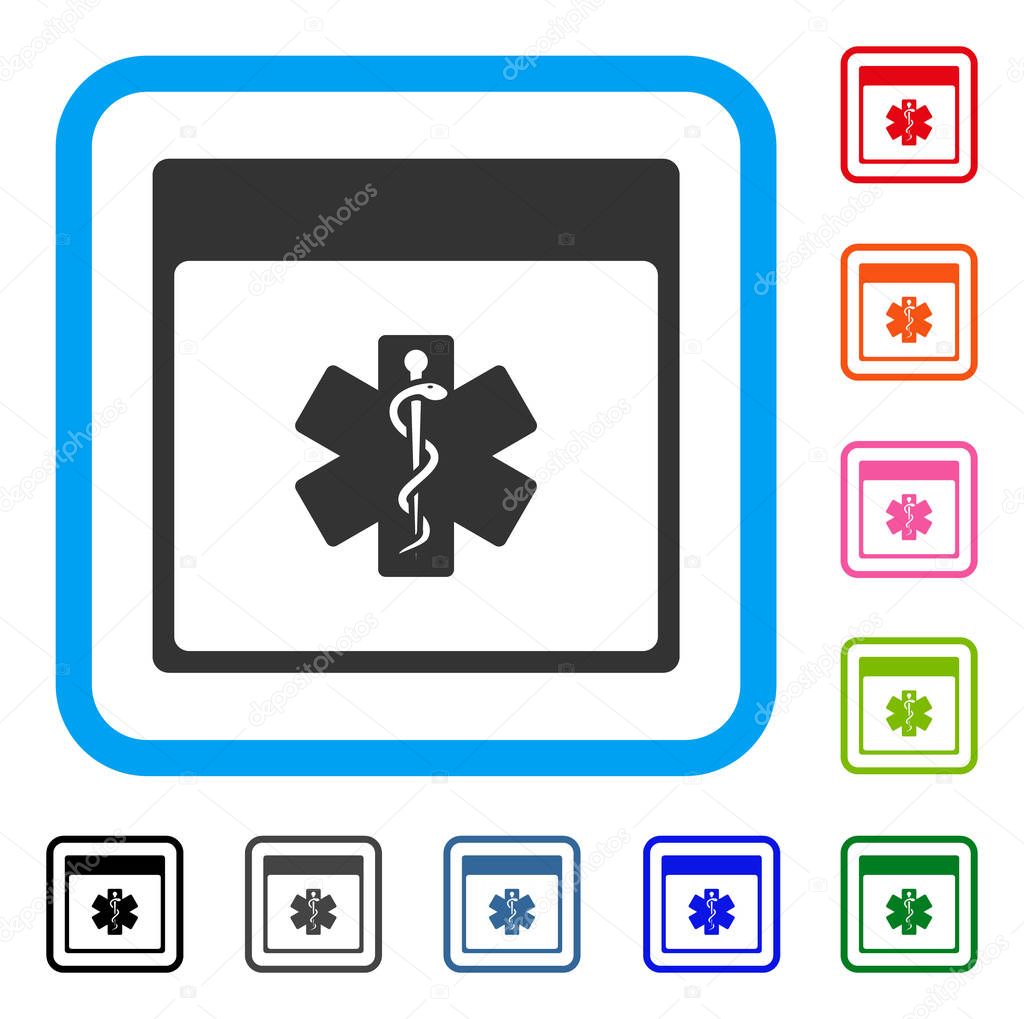 Medical Life Star Calendar Page icon. Flat grey pictogram symbol inside a light blue rounded frame. Black, gray, green, blue, red, orange color variants of Medical Life Star Calendar Page vector.