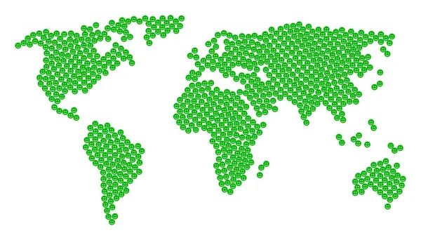 嬉しそうな笑顔のアイコンの世界地図コラージュ — ストックベクタ