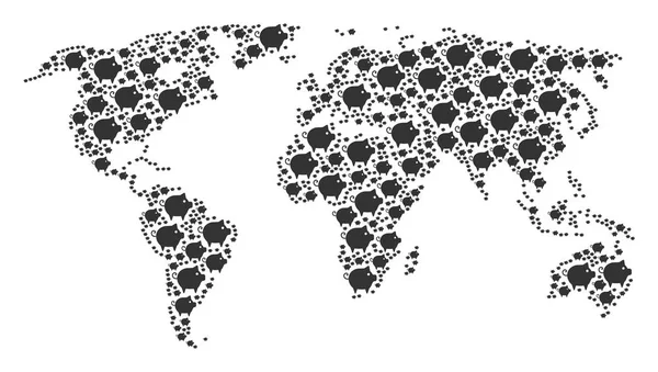 Mapa na całym świecie kolaż Piggy ikon — Wektor stockowy