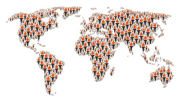 Mapa mundial Mosaico da tocha Itens de fogo —  Vetores de Stock