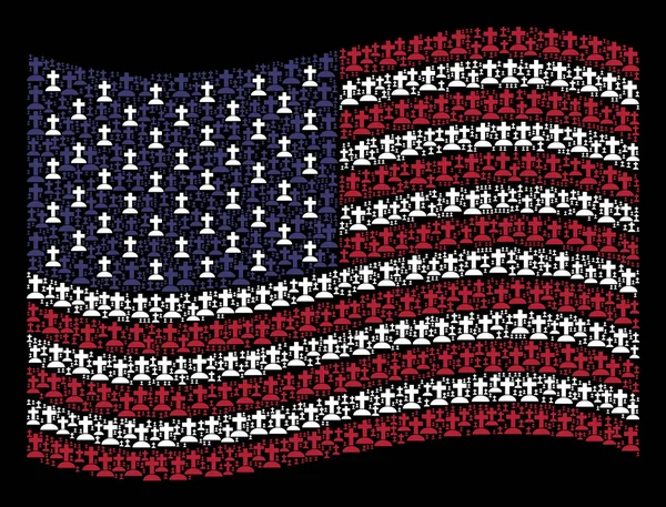 Wuivende Amerikaanse vlag stilering van begraafplaats pictogrammen — Stockvector