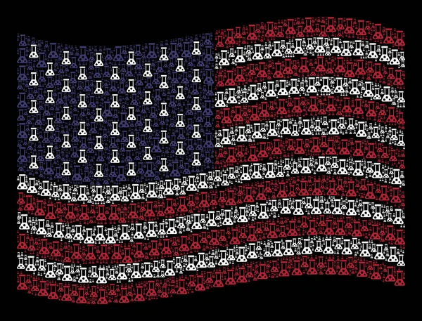 Wuivende Amerikaanse vlag stilering van de pictogrammen van de chemie — Stockvector