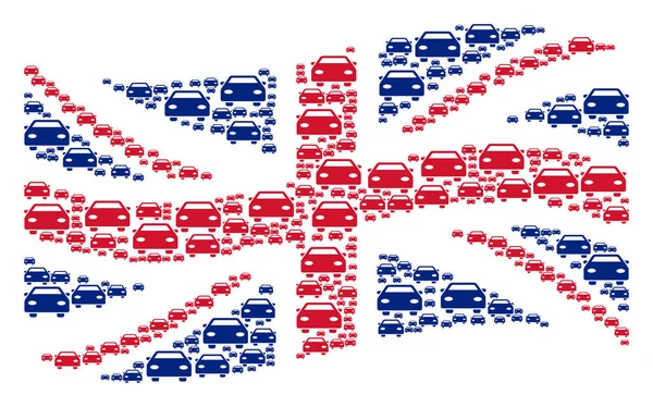 Ondeando bandera del Reino Unido mosaico de artículos de coche — Vector de stock