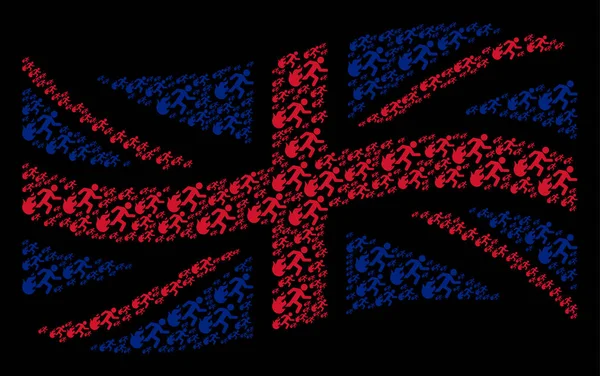 Κυματίζει σημαία Ηνωμένου Βασιλείου κολάζ με καύση τρέχει ο άνθρωπος στοιχεία — Διανυσματικό Αρχείο