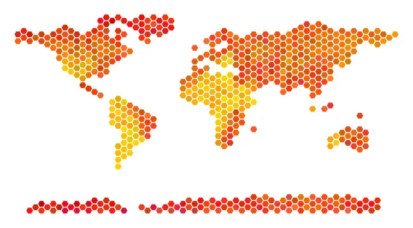 Fuego Hexágono World Continent Map — Vector de stock