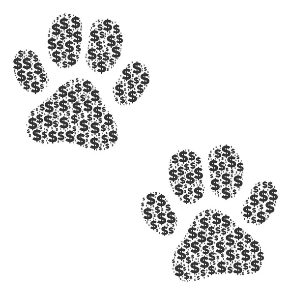 Paw Footprints Collage di Dollaro e Punti — Vettoriale Stock