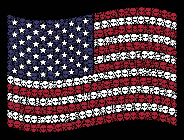 Waving สหรัฐอเมริกาธง Stylized องค์ประกอบของเอเลี่ยนใบหน้า — ภาพเวกเตอร์สต็อก