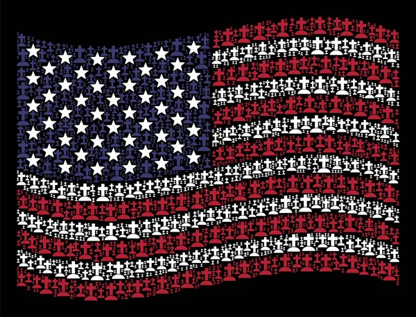 Ondeando bandera americana composición estilizada del cementerio — Vector de stock