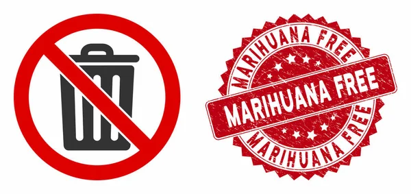 No Dustbin Icon with Scratched Marihuana Free Stamp — Stock Vector