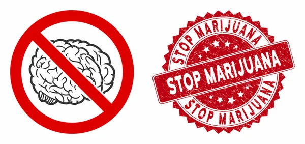 No Brain Icon with Distress Stop Marijuana Stamp — Stock Vector