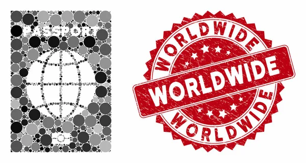 Mozaik világútlevél karcolt világméretű bélyegzővel — Stock Vector
