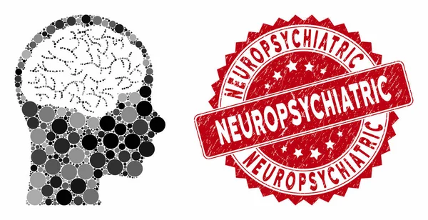 Cervello di collage con sigillo neuropsichiatrico Grunge — Vettoriale Stock
