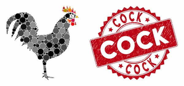 Collage Cock with Textured Cock Stamp — Stock Vector