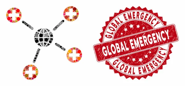 Collage Liens médicaux mondiaux avec détresse Timbre d'urgence mondial — Image vectorielle