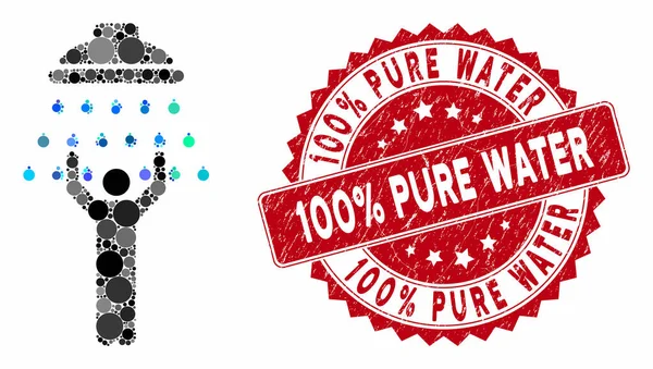 Collage Man Under Shower with Grunge 100 Percent Pure Water Stamp — Stockvector