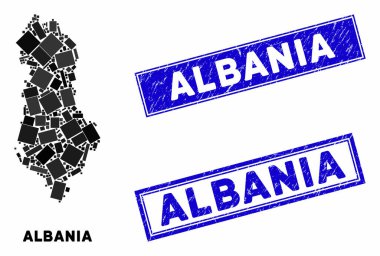 Mozaik Arnavutluk Haritası ve Grunge Damga Mührü Haritası