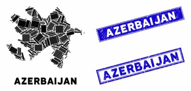 Mozaik Azerbaycan Haritası ve Grunge Dikdörtgen Mühürleri