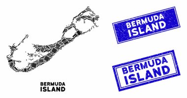 Mozaik Bermuda Adası Haritası ve Grunge Dikdörtgen Mühür Mührü