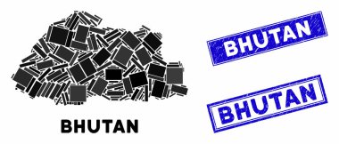 Mozaik Bhutan Haritası ve Çizilmiş Dikdörtgen Mühürleri