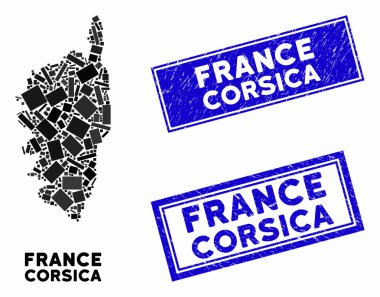 Mozaik Korsika Fransa Adası Haritası ve Çizilmiş Dikdörtgen Damgaları