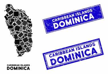 Mozaik Dominica Adası Harita ve Tehlike Dikdörtgen Mühürleri