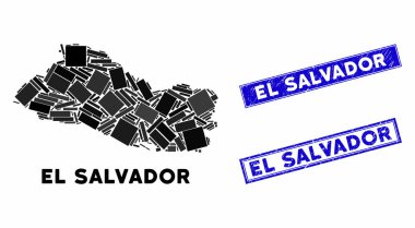 Mozaik El Salvador Haritası ve Grunge Dikdörtgen Mühürleri