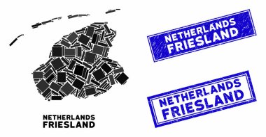 Mozaik Friesland Eyaleti Haritası ve Grunge Dikdörtgen Filigranı