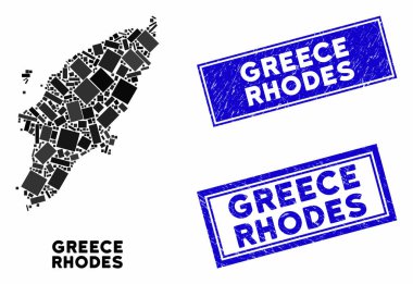 Mozaik Yunan Rodos Adası Haritası ve Grunge Dikdörtgen Damgaları