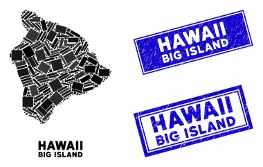 Mozaik Hawaii Büyük Ada Haritası ve Grunge Dikdörtgen Filigranı
