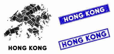Mozaik Hong Kong Haritası ve Grunge Dikdörtgen Filigranı
