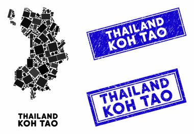 Mozaik Koh Tao Tayland Adası Haritası ve Grunge Dikdörtgen Filigranı
