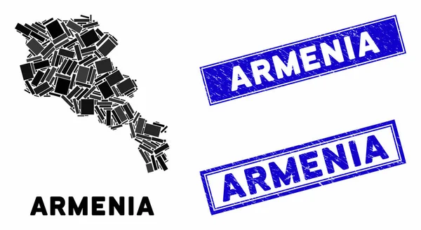 Mosaic Armenia Map and Scratched Rectangle Stamp Seals — стоковий вектор