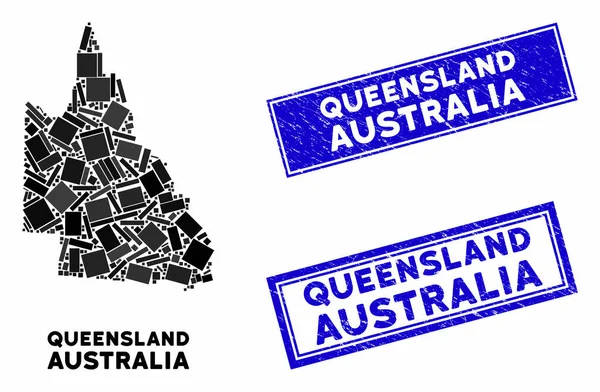 Mosaic Australian Queensland Map and Distress Rectangle Seals — Stock Vector