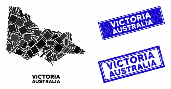 Mosaico Australian Victoria Mapa y rectángulo Grunge Sellos — Vector de stock