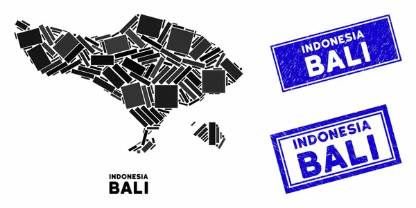 Mosaic Bali Map and Scratched Rectangle Stamps — стоковий вектор