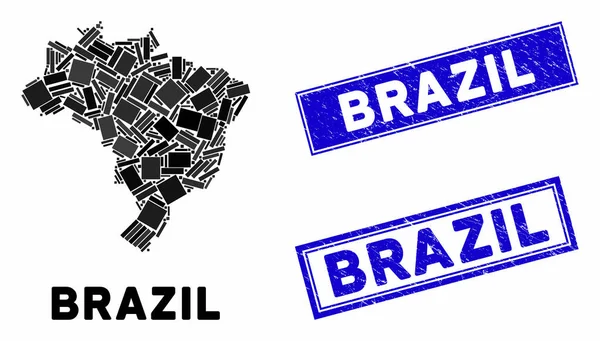 Mosaïque Brésil Carte et Sceaux de timbres rectangulaires rayés — Image vectorielle