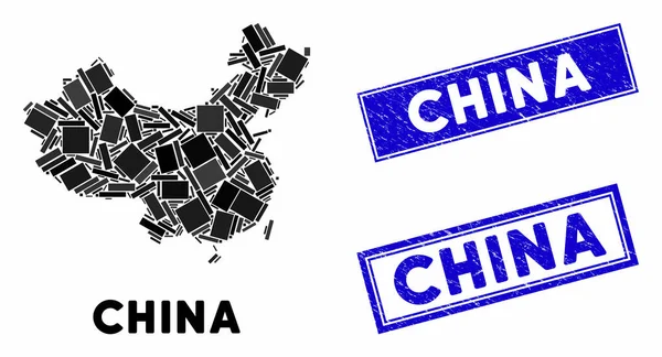 马赛克中国地图与Grunge矩形印章 — 图库矢量图片