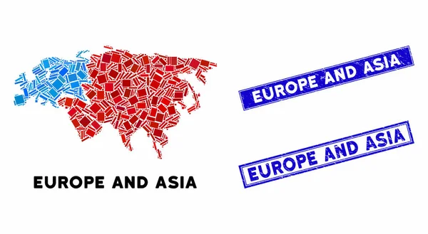 Mosaico Europa y Asia Mapa y angustia Rectángulo Sellos Sellos — Vector de stock