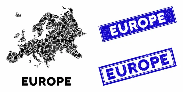 Mosaïque Europe Carte et Distress Rectangle Timbres joints — Image vectorielle