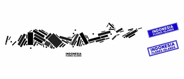 Mosaik Flores Islands of Indonesia Peta dan Segel Persegi Panjang Tergores - Stok Vektor