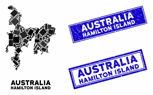 Mosaic Hamilton Island Sellos de sello de rectángulo de mapa y angustia — Vector de stock