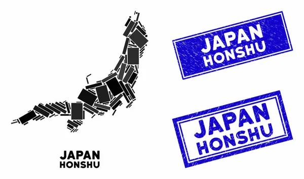 Mosaico Honshu Island Mapa y rectángulo Grunge Sellos de sellos — Vector de stock