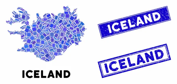 Mozaik İzlanda Haritası ve Grunge Dikdörtgen Mühürleri — Stok Vektör
