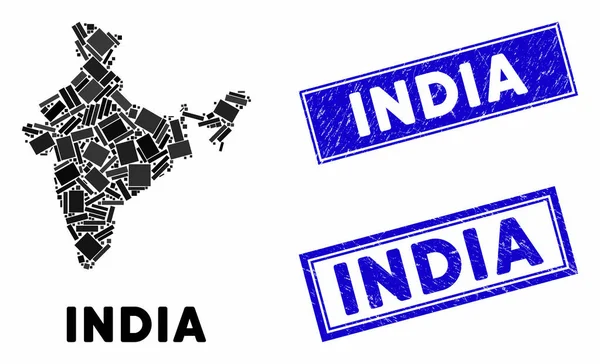 Mozaik India térkép és karcolt téglalap tömítések — Stock Vector