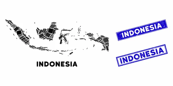 Mozaik Endonezya Haritası ve Grunge Dikdörtgen Damgaları — Stok Vektör