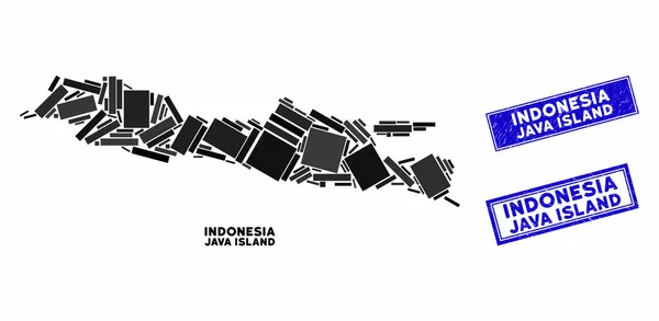 Peta Pulau Jawa Mosaik dan Segel Panjang Distress - Stok Vektor