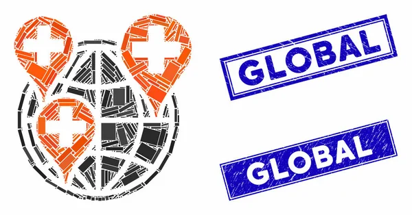 Global Clinic Company Mosaic and Grunge Rectangle Stamp Seals — 스톡 벡터