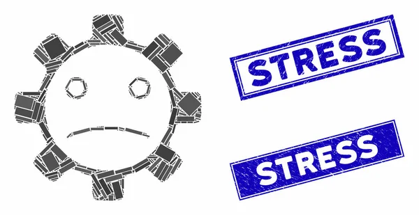 Servicio Gear Sad Smiley mosaico y rayado rectángulo sello sellos — Archivo Imágenes Vectoriales